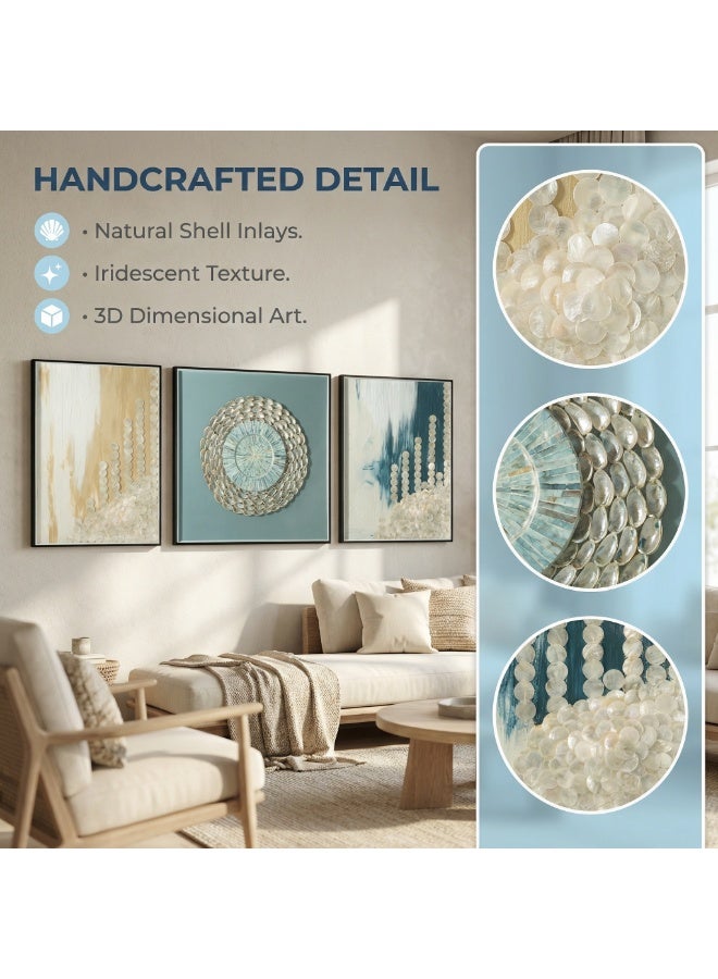 Modern Abstract Art Wall Decor Triptych 60x80cm + 80x80cm + 60x80cm Mirror & Shell 3D Canvas Painting for Living Room, Bedroom, Entryway - Image 2